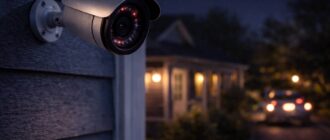 камера видеонаблюдения на фасаде дома ночью с инфракрасной подсветкой