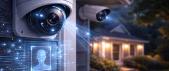 Камера видеонаблюдения с искусственным интеллектом распознаёт человека возле частного дома