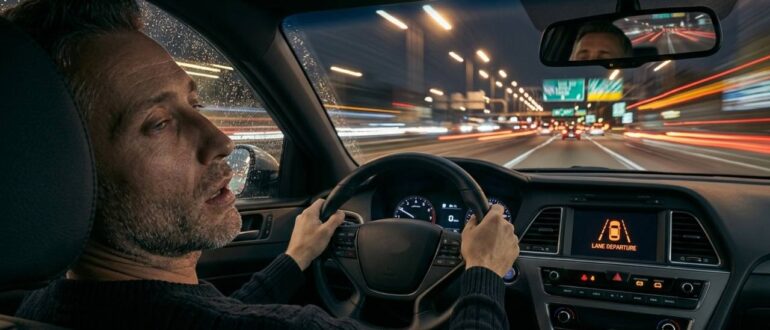 Водитель теряет концентрацию за рулём ночью, автомобиль начинает отклоняться от полосы движения