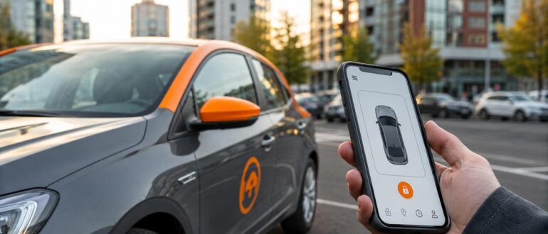 Пользователь открывает автомобиль каршеринга через приложение
