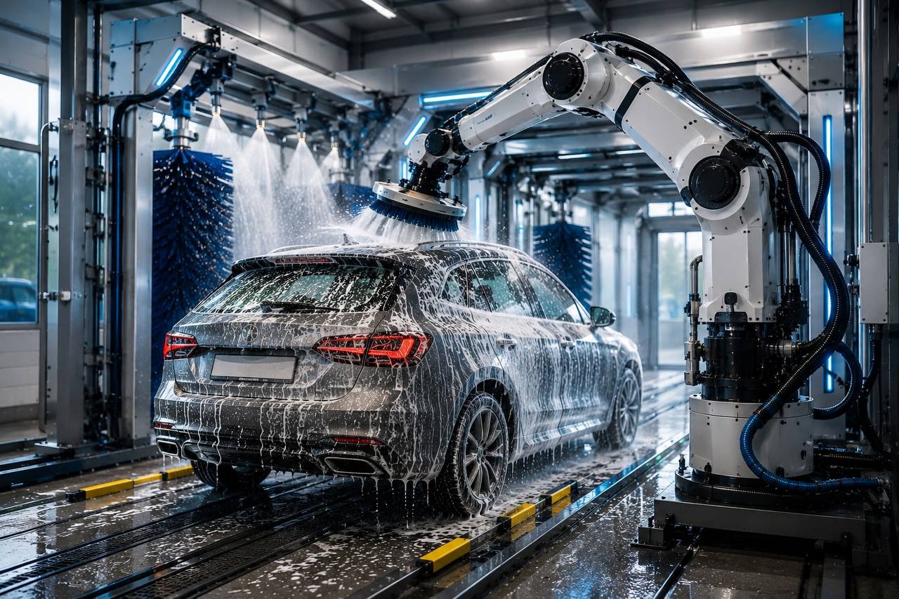 Робот-мойка автомобилей робот-манипулятор бережно очищает кузов автомобиля с помощью автоматизированной системы