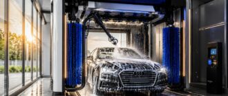 Роботизированный моечный комплекс моет белый легковой автомобиль в современном боксе