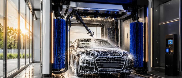 Роботизированный моечный комплекс моет белый легковой автомобиль в современном боксе